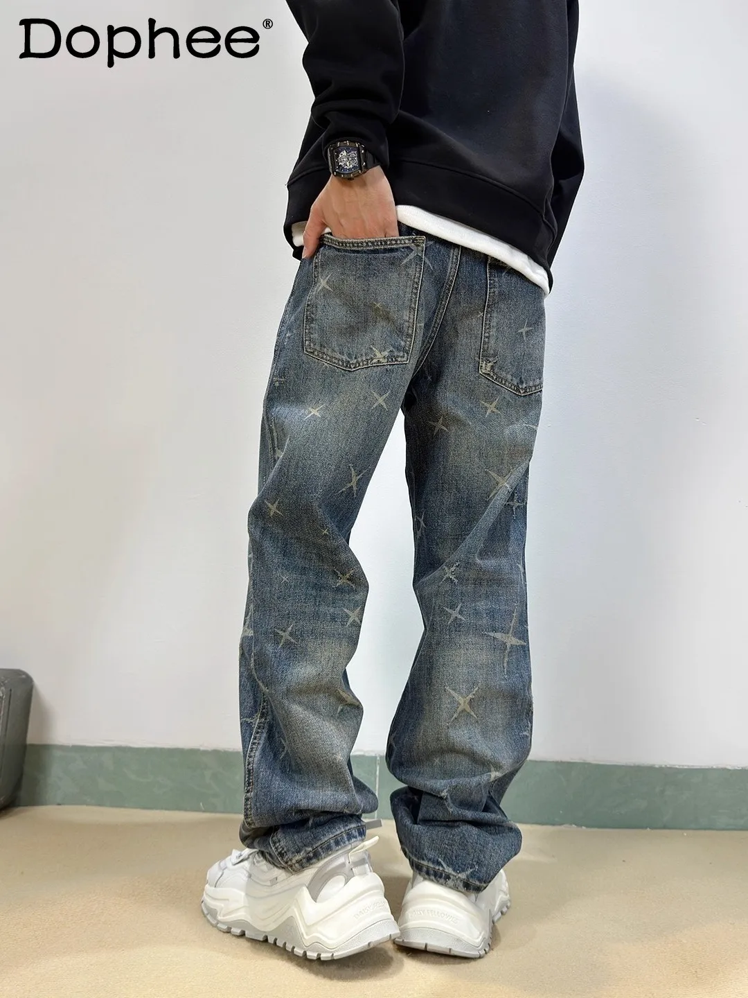 

American High Street Fashion Trend Star Print Design Washed Denim Pants Slim Fit Versatile Loose Straight Pants for Men