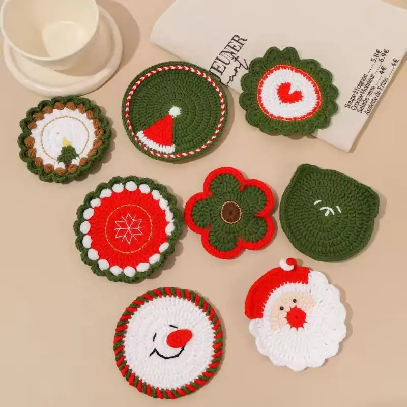 Handmade Crochet Santa Claus Coasters Christmas Cup Mat Xmas Party Table Decoration Santa Claus Drink Pad