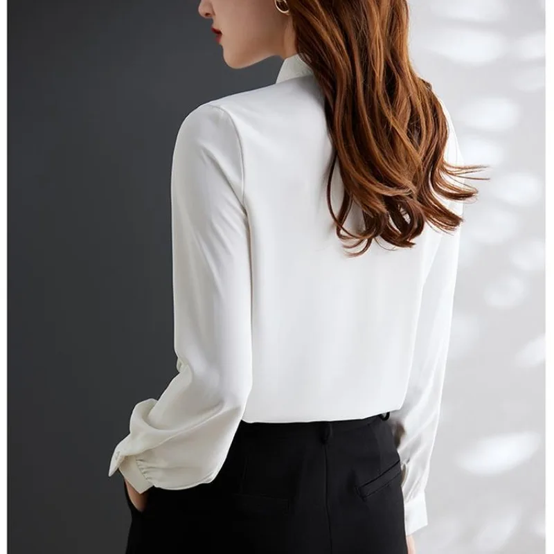 Women's 2024 Summer New Spliced Bow Neck Button Screw Thread Fashion Solid Slim Irregular Casual Long Sleeved Blouses Shirts