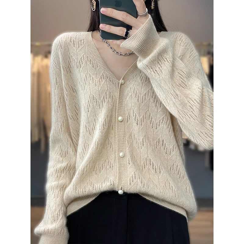 Hot-selling 100% Australian wool knitted sweater cardigan soft new wave women hollow summer sweater knitted women's coat2023