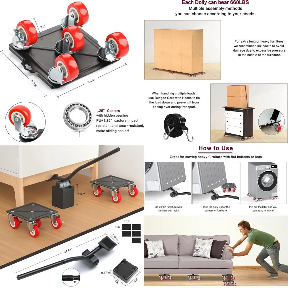 

5-Wheel Heavy-Duty Furniture Dolly - 4000 lbs Capacity for Smooth Home and Office Relocation, Premium Carbon Steel Set (6-Pack)