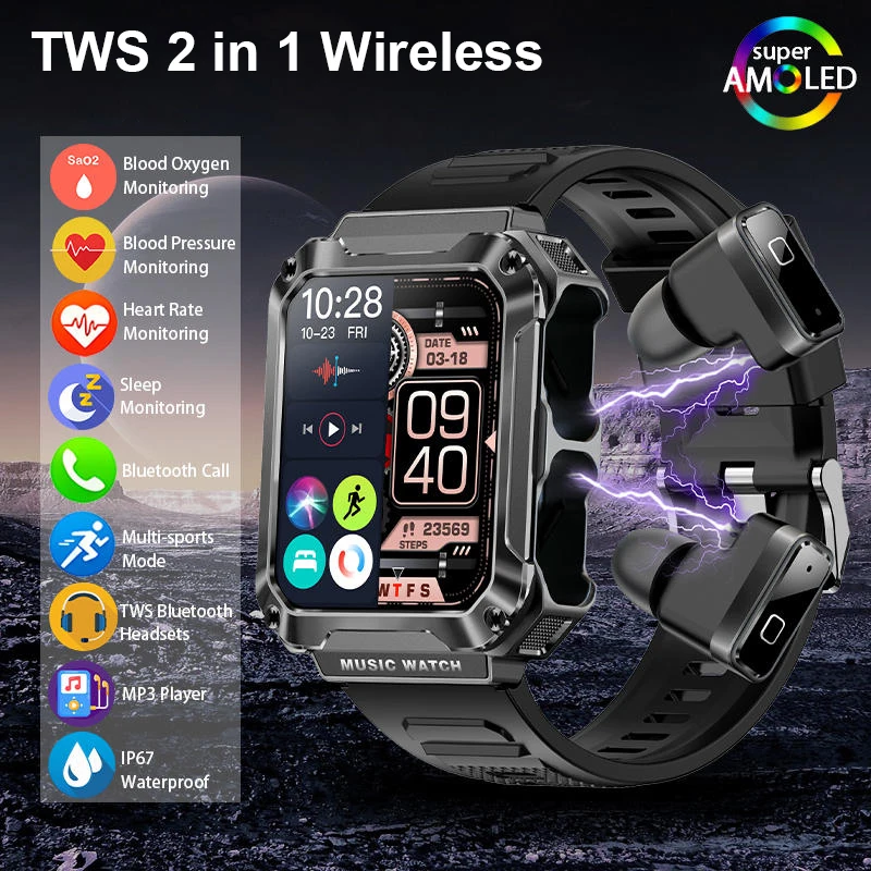 

T93 Outdoor Smart Watch with Earbuds TWS 2 in 1 Wireless BT Headphones1.96inch Screen IP67 Music Sports Smartwatch