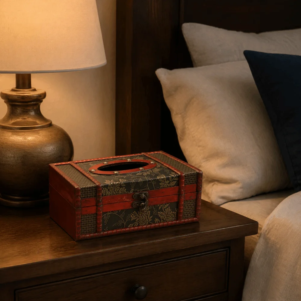 Vintage Style Tissue Box Holder Antique Finish Wooden Tissue Dispenser Rectangular Red Brown Facial Tissue Organizer For Hotel
