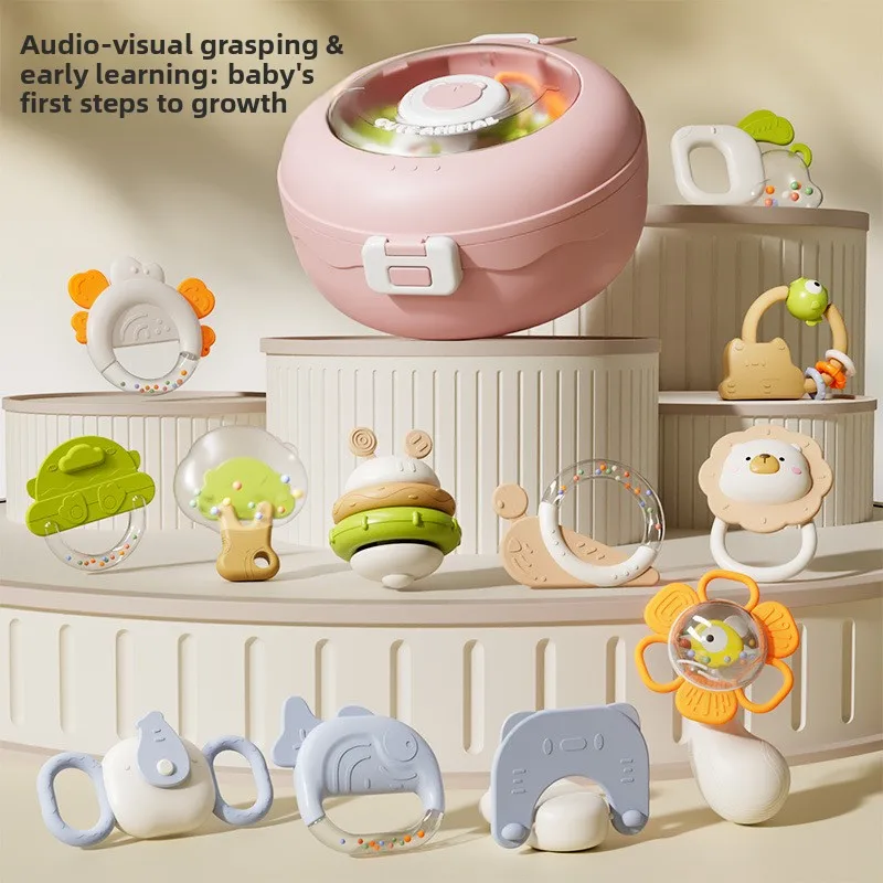 BPA Free Food Grade Baby Teether Rattle Toy Set Biteable Grasping Sensory Toy for 6-12 Months Infant Hearing Training