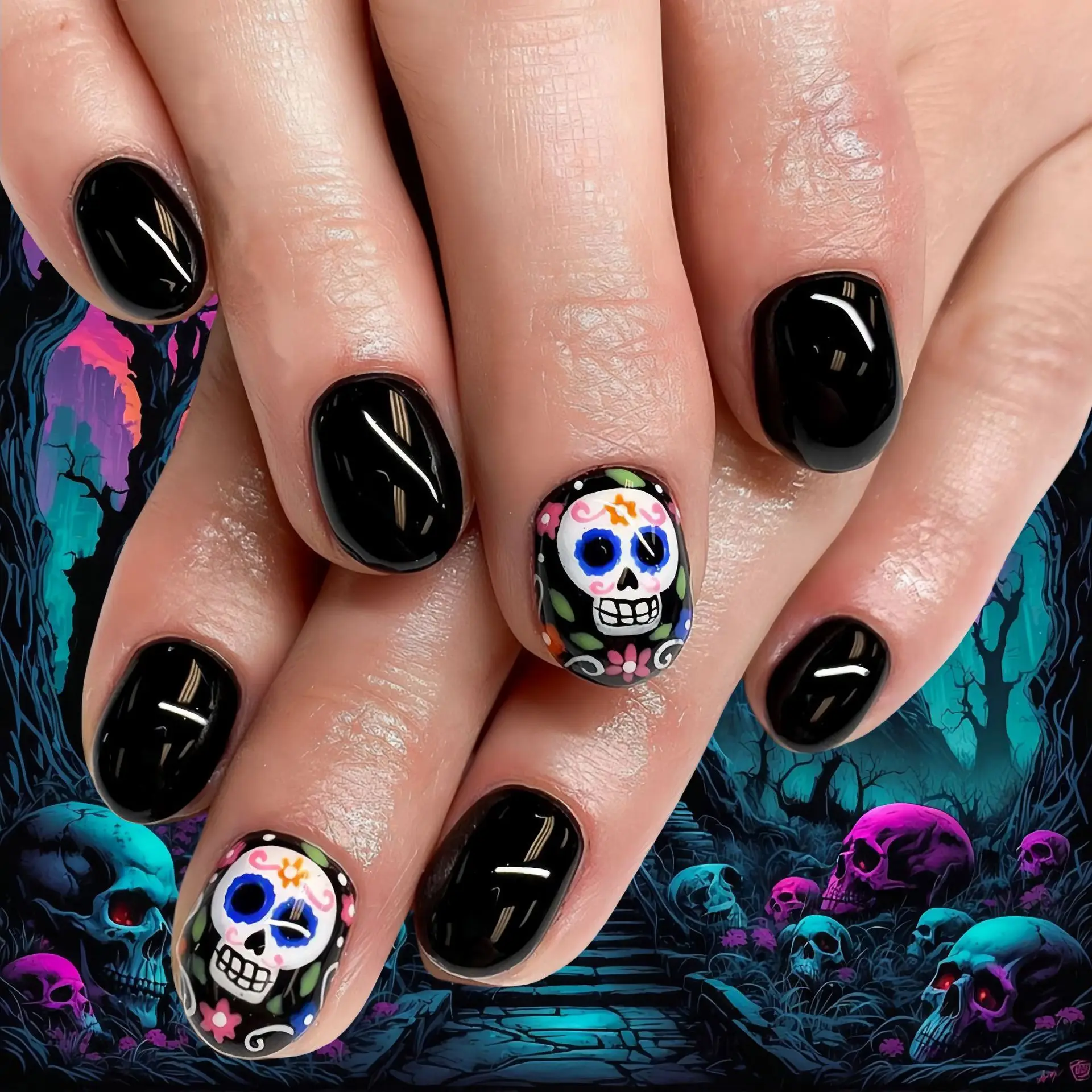 

24PCS Halloween False Nails Press on Nails Pumpkin Ghost Skull Flower Pattern Nail Art Patch Removable Fake Nail for Women Party