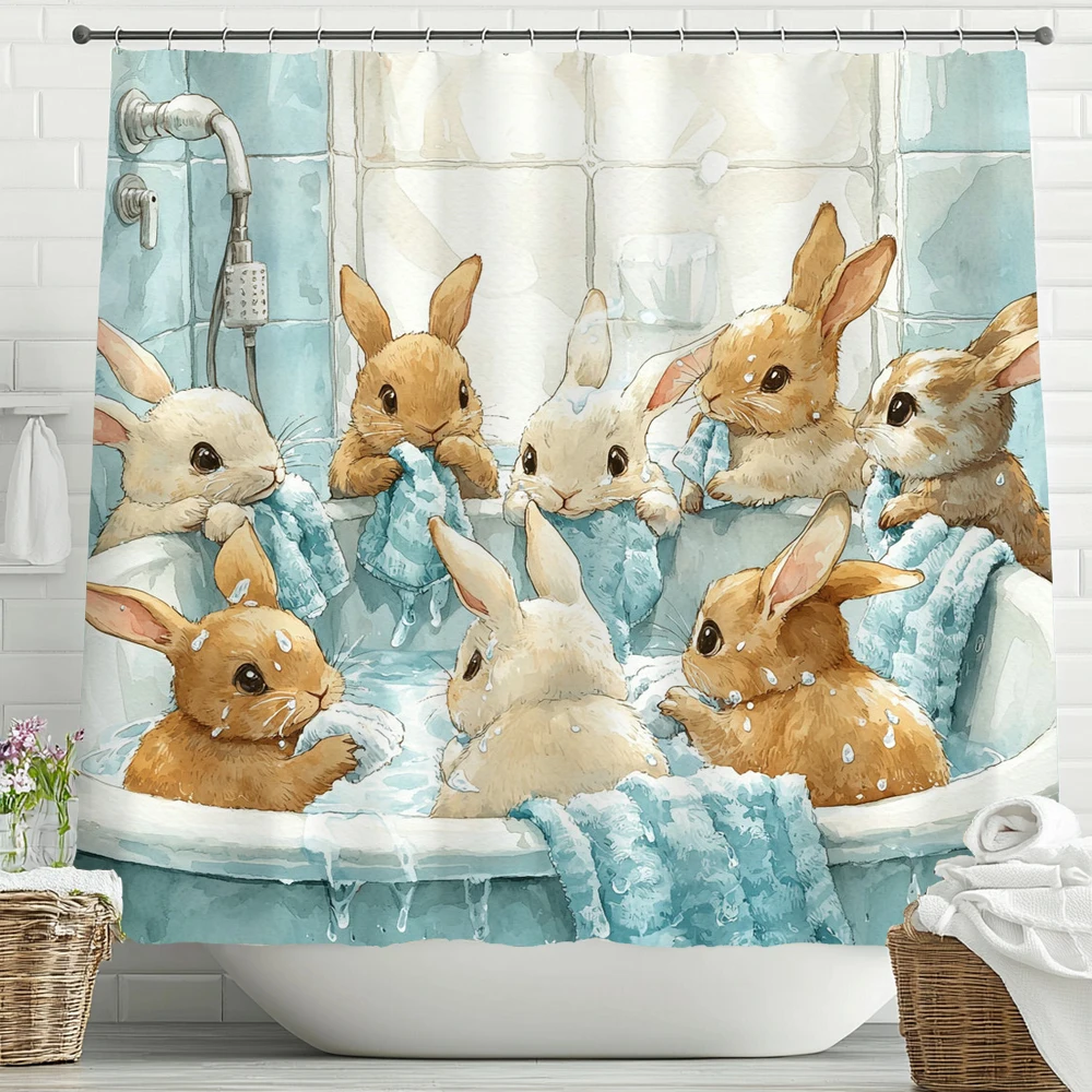 

Занавеска для душа с милым кроликом, декоративная занавеска для душа с мультяшным кроликом для ванной комнаты, водонепроницаемая занавеска для душа с крючками