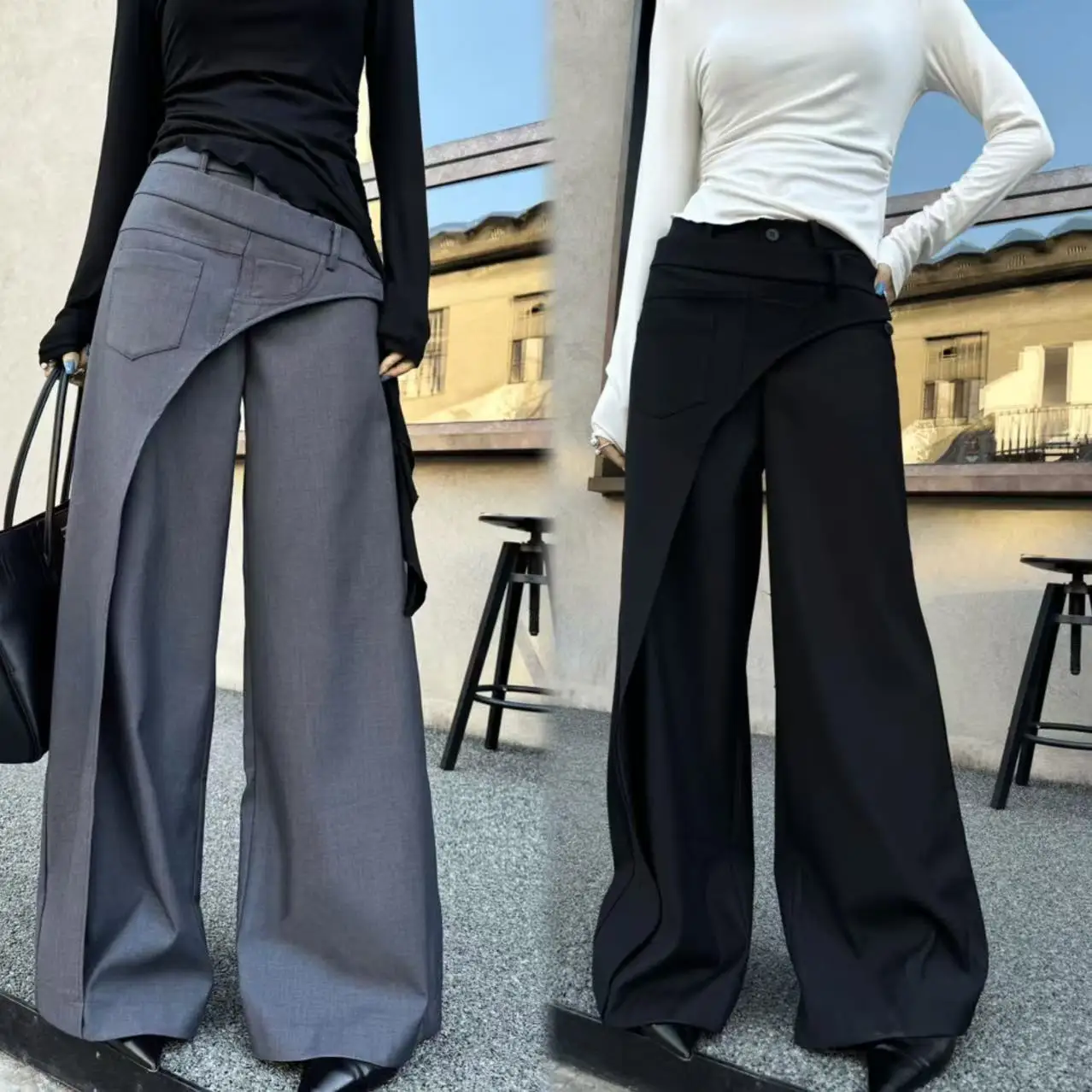 2024 Black Design Wide-Leg Pants Women's Slimming Suit Pant Harajuku High Waist Loose Straight Streetwear Y2k Casual Trousers