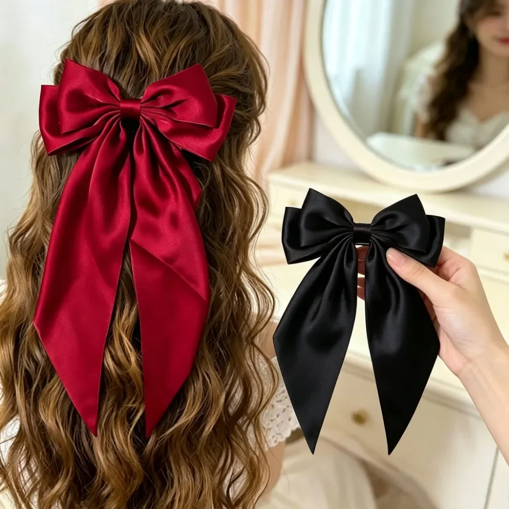 Korean Satin Ribbon Bowknot Hairpin, Sweet Bow Spring Barrette Elegant Headwear for Women Girls