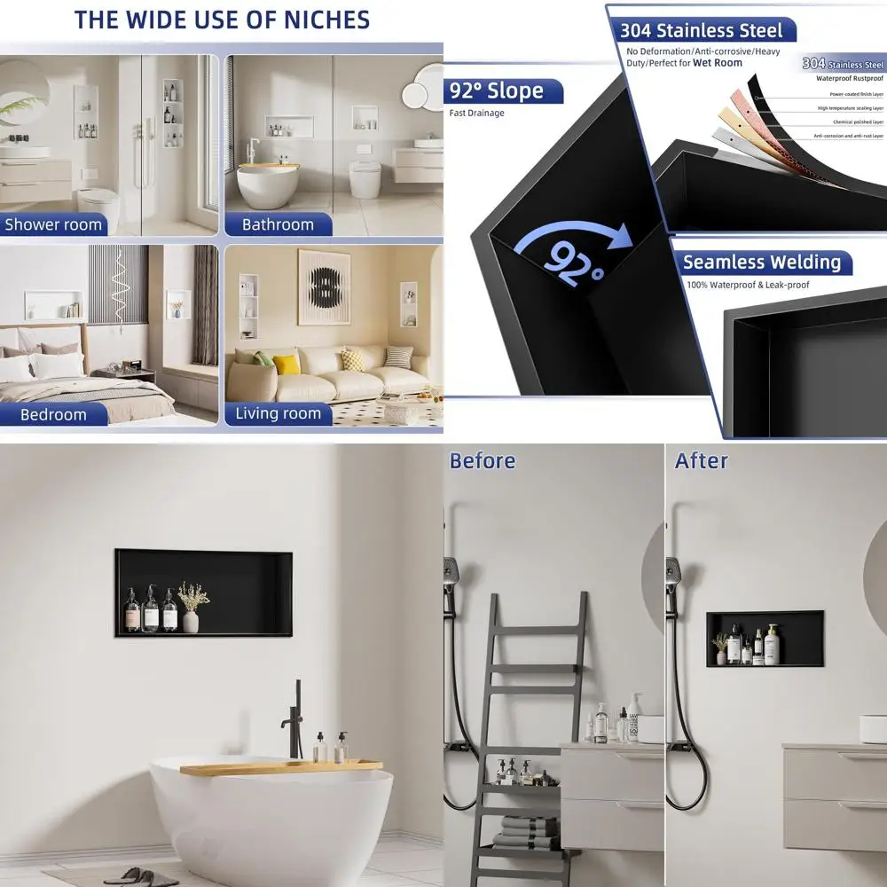 

24x12x4 Inch Black Stainless Steel Recessed Shelf for Bathroom and Shower Wall, Waterproof Over Mount Installation