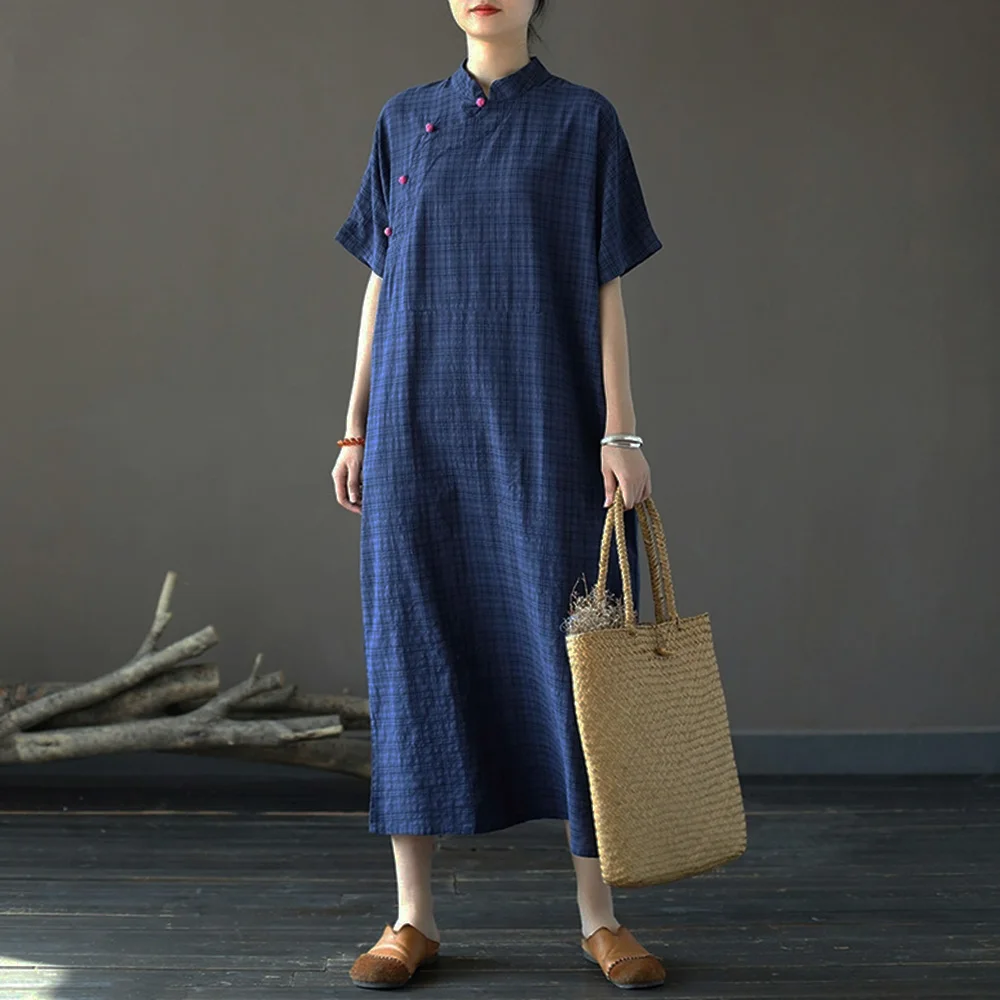 Zomer Vintage Geruite Jurk Met Korte Mouwen Vrouwen Losse Bamboe Katoen Chinese Casual Disc Gesp Jumper Cheongsam Lange Jurk