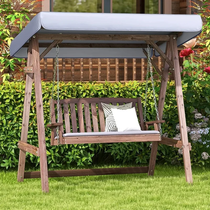 Wooden Porch Swing with Adjustable Canopy, Cushion, Armrests - 2 Person Outdoor Patio Swing with Hanging Chain