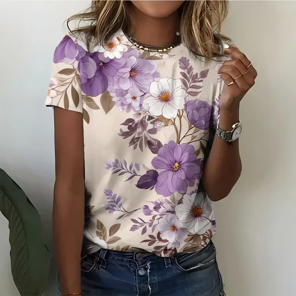 

Summer romantic countryside purple and white floral print daily casual versatile women's short sleeved T-shirt