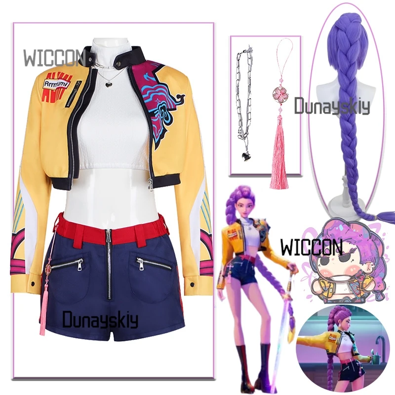 

Anime KPop Demon Hunters Girl Group Cosplay Rumi Singing Costume Yellow Punk Y2K Coat Short Pants Long Wigs Halloween Party Cos