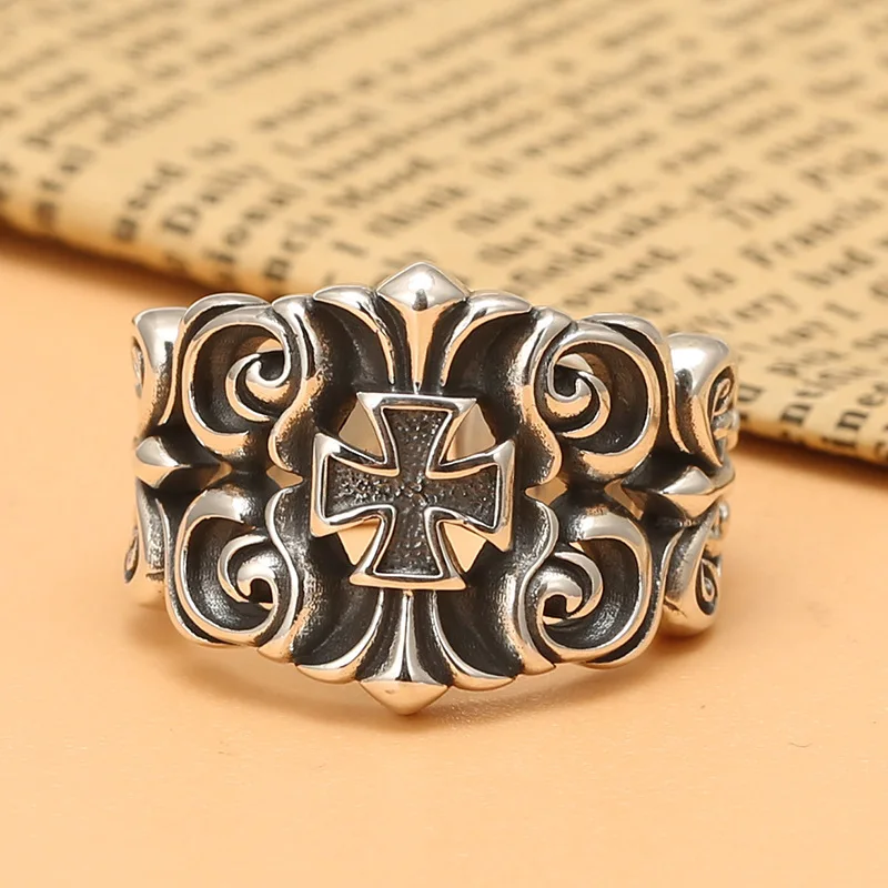 European and American men's opening sterling silver punk personality cross ring trend vintage Thai silver ring