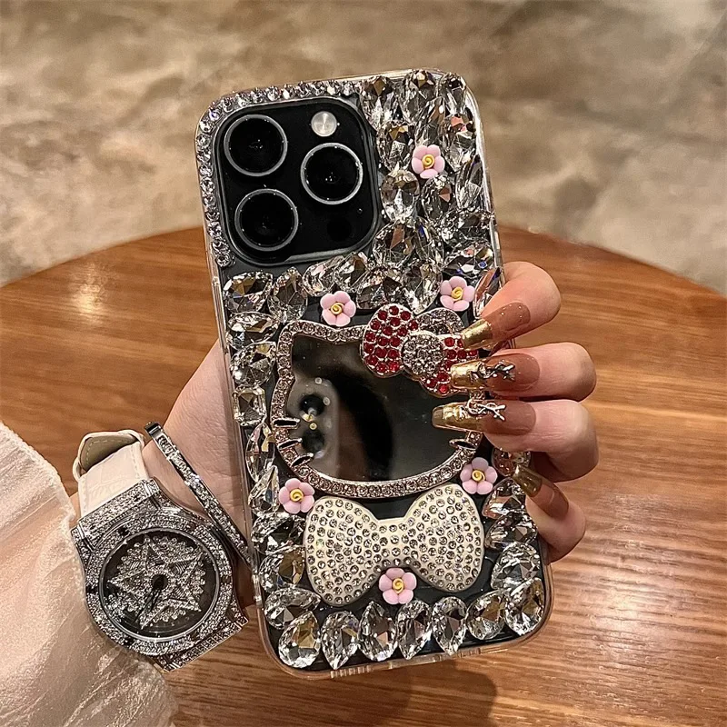 

Роскошный чехол Sanrio Hello Kitty Bow Mirror Bling Glitter Diamond на заказ для iPhone 16 Pro Max 15 Pro 14 Pro 13 12 11 ProMax