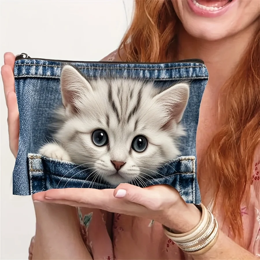 1pc Cute Kitten Print Zippered Pouch Lightweight Polyester Makeup Bag Casual Style Travel Toiletry Organizer Hand Wash Only