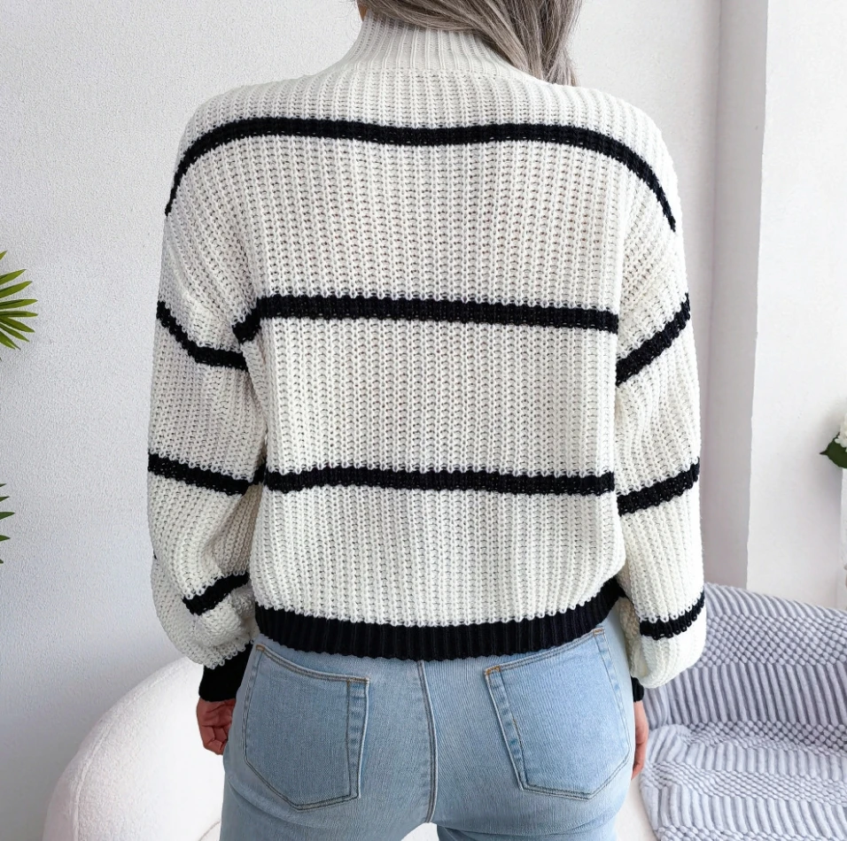 Women's Sweater Autumn New Style Casual Striped Lantern Sleeve Half High Neck Knitted Sweater Street Fashion Retro Sweater