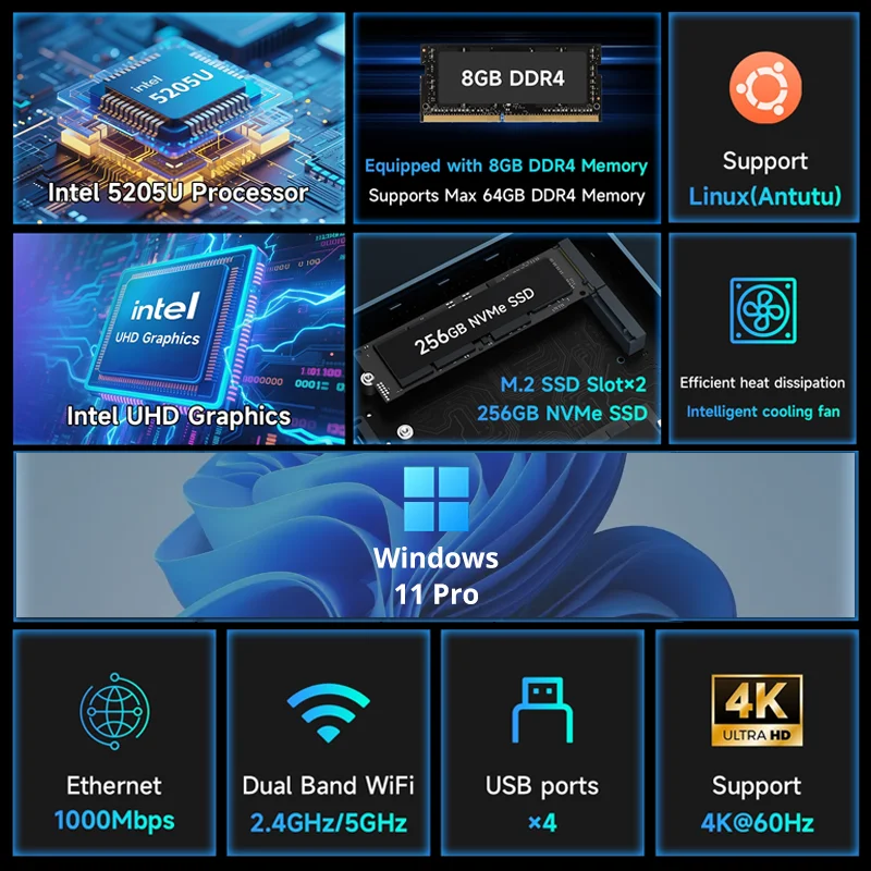 Mini PC de alimentação BMAX MaxMini B2 |   Intel 5205U |   8 GB DDR4 + 256 GB NVMe |   Win11 Pro |   WiFi de banda dupla |   BT 5.0 |   HDMI 4K |   Ultrafino 3