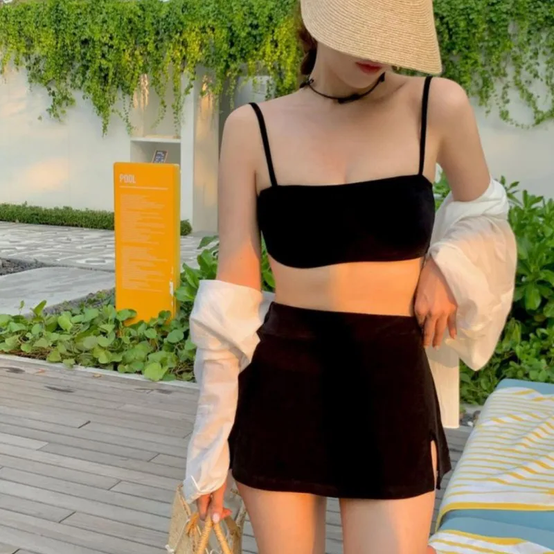 Women New Two-Piece Swimsuit Solid Color Bikini Sexy Sling Slit Swimwear Bikinis Korean Spring Casual Bathing Suit Women Y2k 수영복