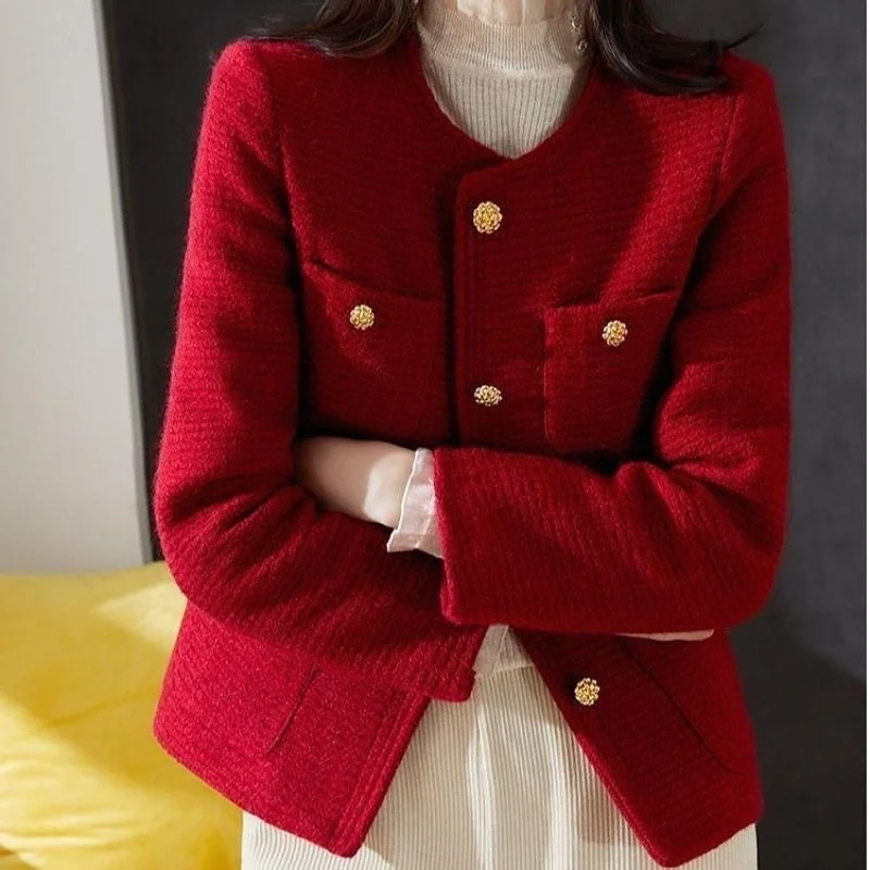 Women Red Tweed Blazers New Autumn Winter O-Neck Single-Breasted Suit Small Fragrance Jacket Female Korean Elegant Lady Coats