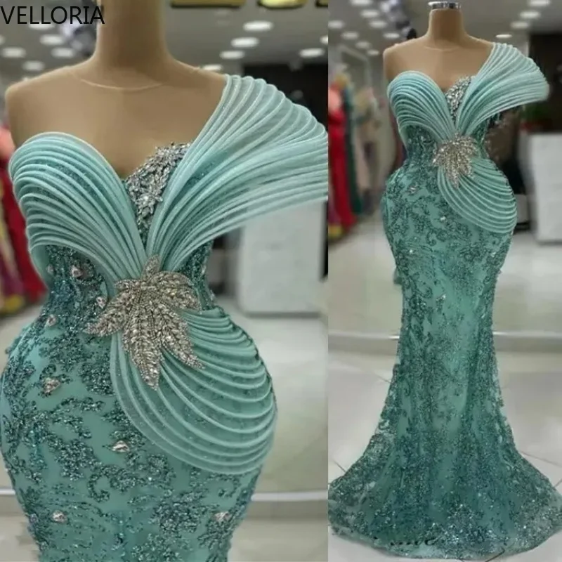 

Green Ruffles Aso Ebi Mermaid Evening Dress Luxury Crystals Sequined Lace Party Dress African Women Prom Gowns Customized
