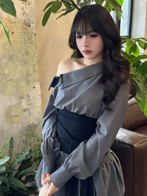 Korean Style Beautiful Early Autumn High Grey Level Shoulder off Shoulder Top Sexy Girl  Skirt Two Piece Set Women's Fashion