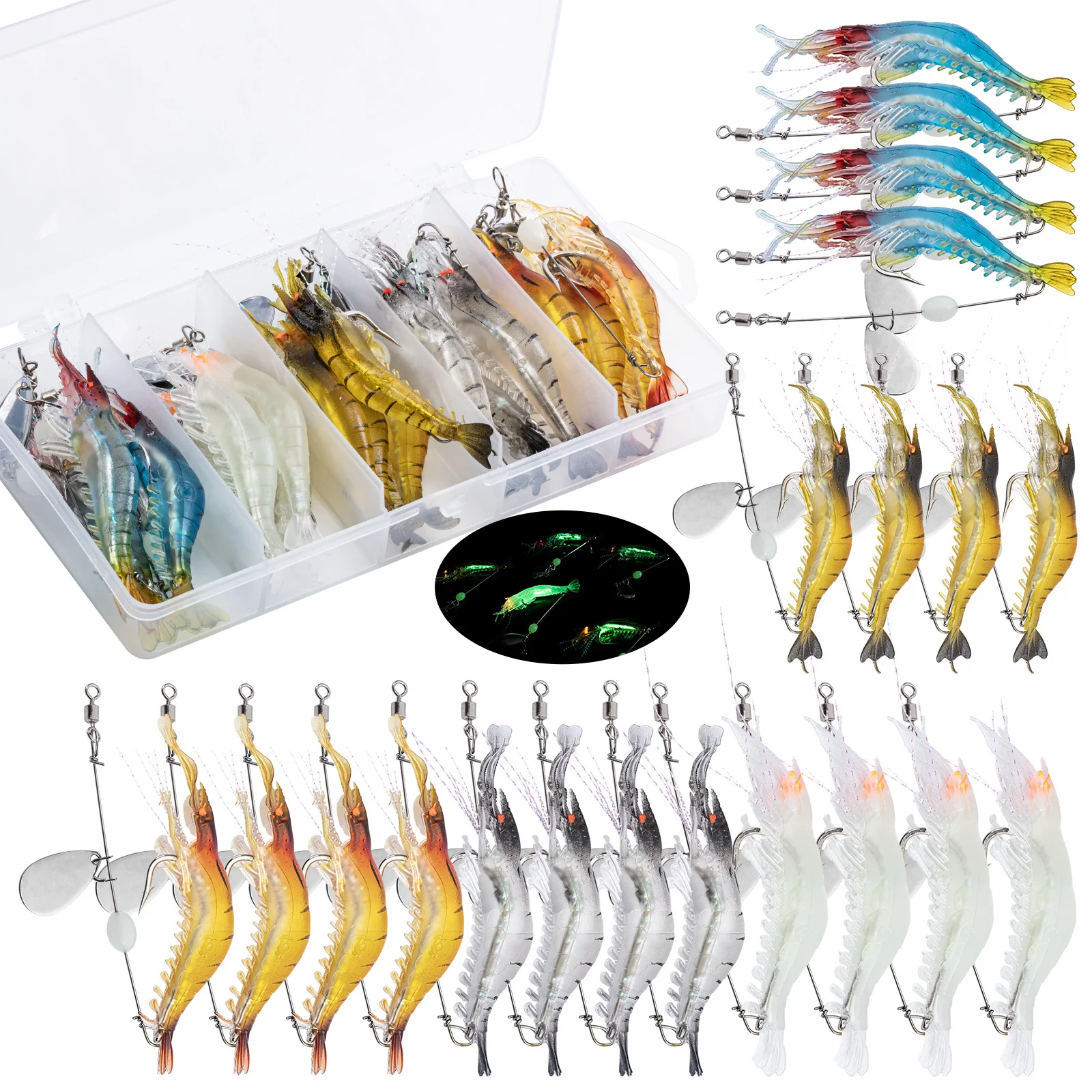 Goture 1/Box 9 cm 6,7 g leuchtender weicher Garnelen-Angelköder mit leuchtenden Perlenwirbeln, Haken/drehender Vib-Löffel, künstlicher Köder