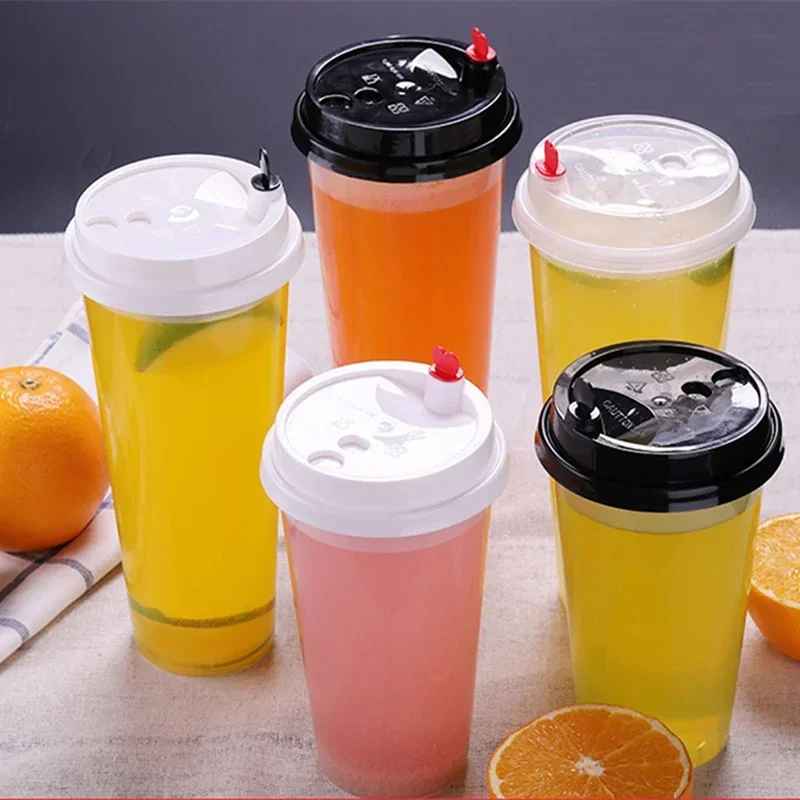 

Disposable Plastic Cups with Lids, Juice, Coffee, Milky Tea, Party,Thicken Cold Drinks Cup, Clear Drinkware, 700ml, 24oz
