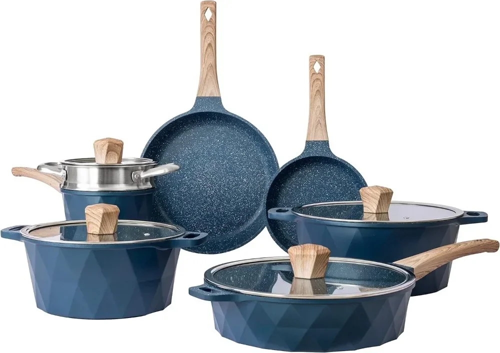 

Induction Cookware Sets,11 Piece Nonstick Cast Aluminum Pots and Pans with BAKELITE Handles, Glass Lids (Navy/Cream)