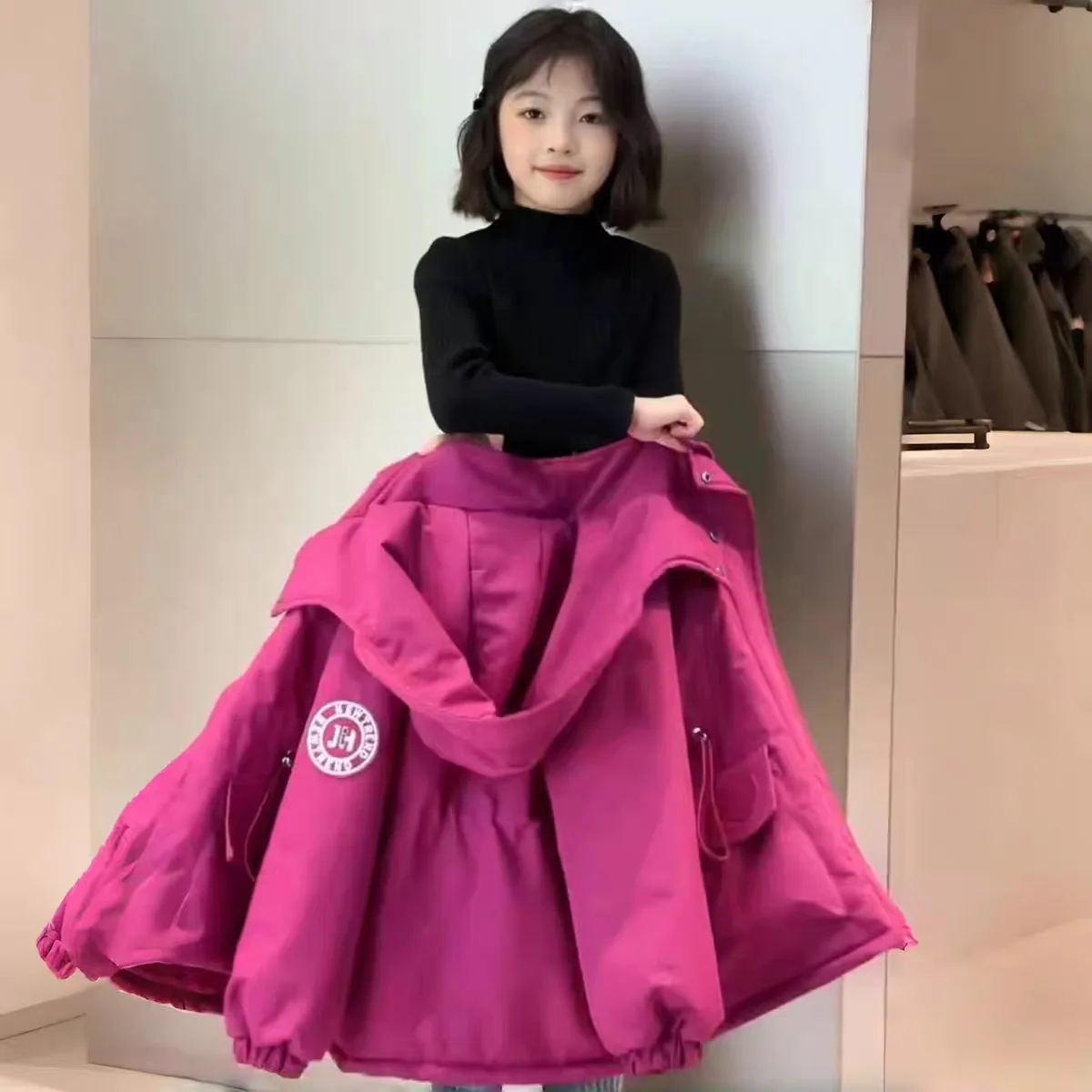 5-14Y موضة طويلة نمط الشتاء الفتيات سترة بلون بطانة أفخم سميكة الدافئة مقنعين سترة معاطف للفتيات الأطفال سنوسويت