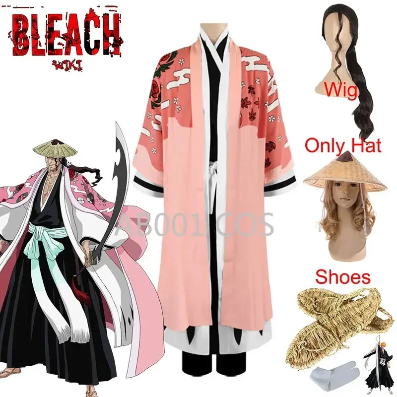 

Аниме Bleach Kyoraku Shunsui Косплей Костюм Тысячелетняя кровавая война Розовое кимоно Черный наряд синигами Плащ Комплект обуви