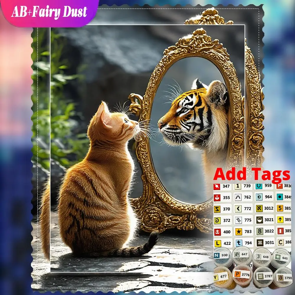 AB Fairy Dust DIY Diamond Mosaic Animal Cute Full Square Round Painting cat mirror tiger reflection Embroidery Decor For Home