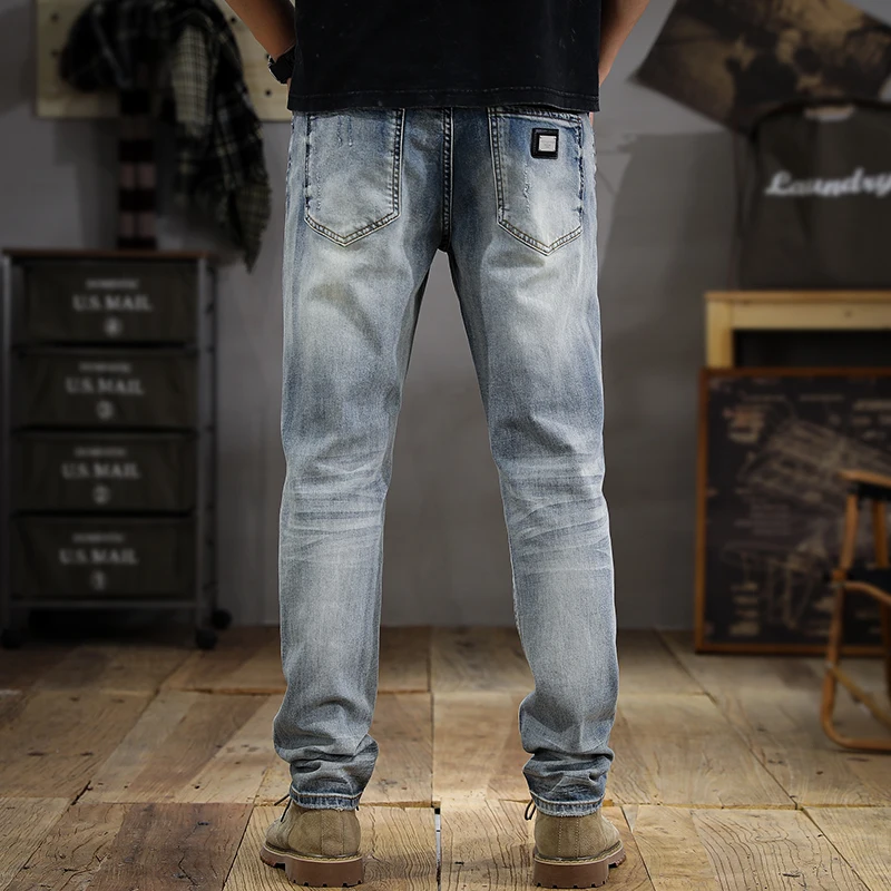 Motocycle Jeans Men Hip Hop Pants Slim Stretch Grunge Light Blue Patchwork Mens Designer Clothing Male Denim Trousers Punk Style