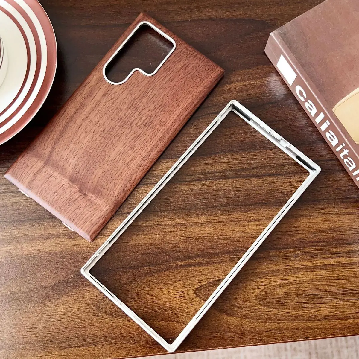 Detachable Back Walnut Wood MetalPhone Case for Samsung Galaxy S23 S24 S25 Ultra with Support Magnetic Charging