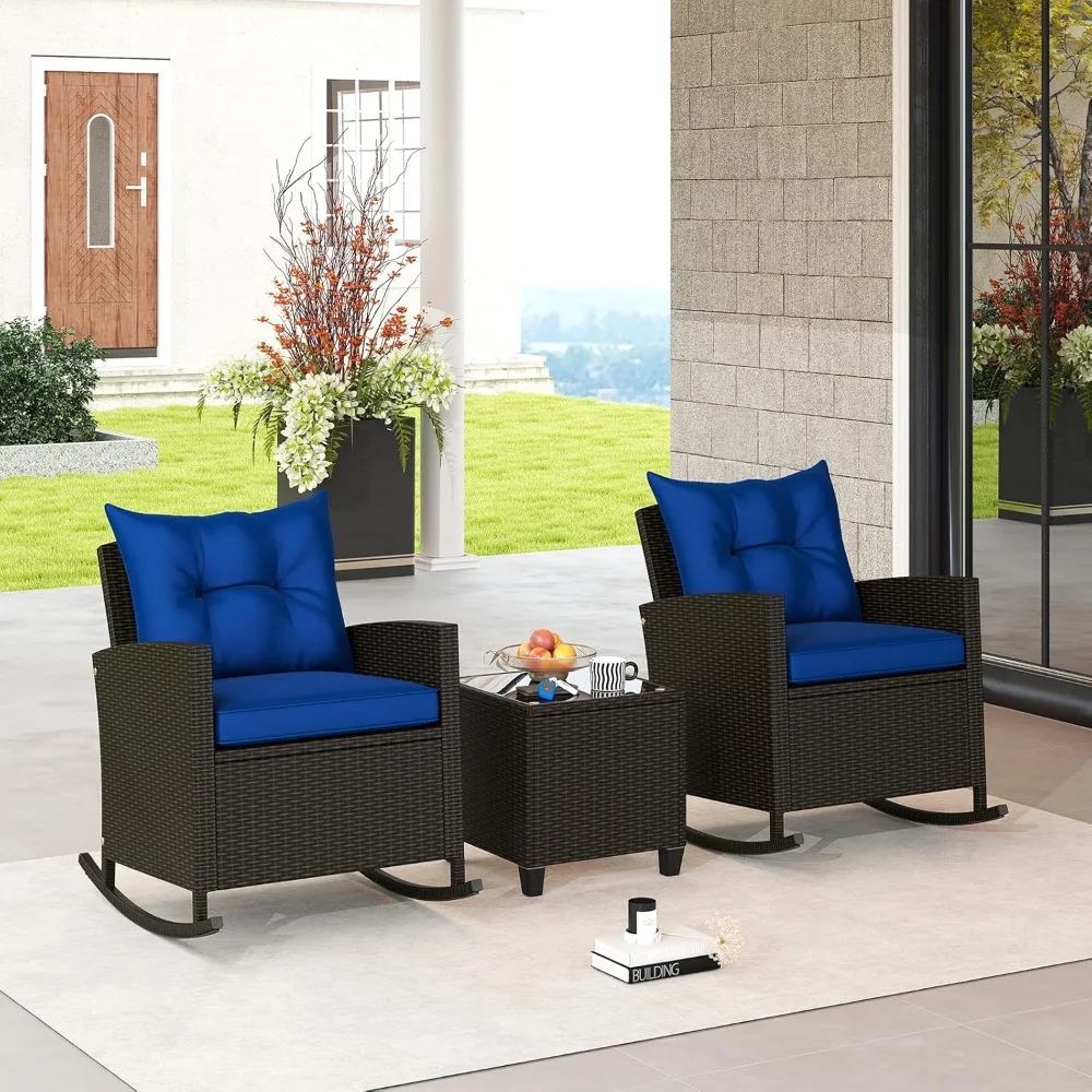 

3 Pieces Patio Furniture Set, Outdoor Wicker Rocking Chairs with Soft Cushions, Glass Coffee Table, Rattan Conversation Bistro