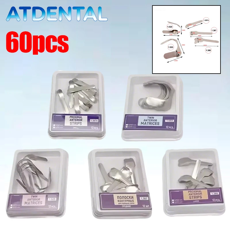 

Набор из 60 зуботехнических проксимальных матриц Twin Anterior из нержавеющей стали для реставрации зубов, стоматологические инструменты