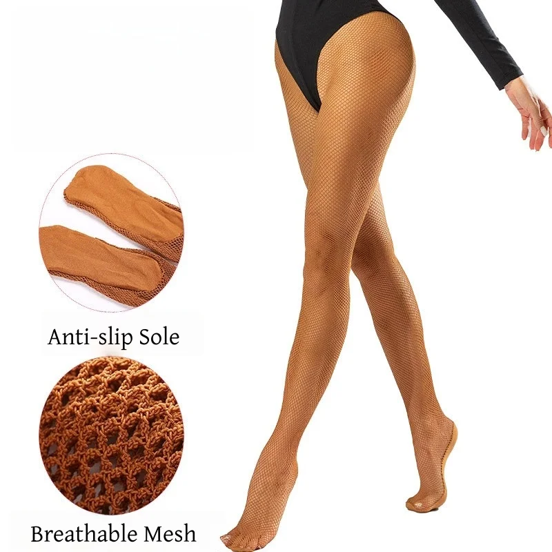

Professional Dance Pantyhose Women Brown Compression Hard Mesh Shaping Stockings Plus Size Non-slip Foot Latin Clubwear Tights