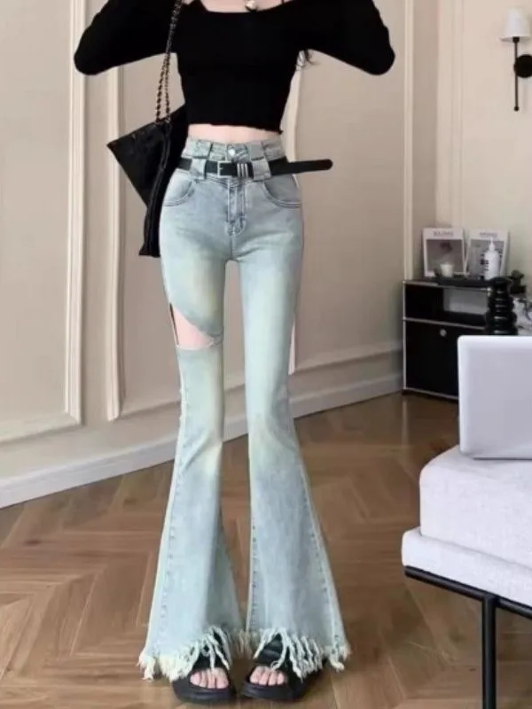 

Женские джинсы с высокой талией, новинка 2025 года, с дырками, микро-клеш, ретро, с бахромой, повседневные, летние, утягивающие, длинные брюки