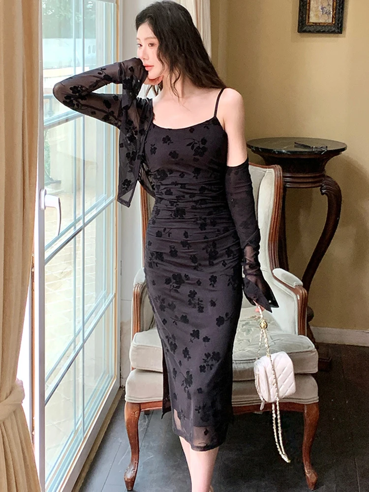 2025 Nieuwe Rode Massaal Bloemen Sling Lange Jurk + Lange Mouw Top Shirts Tweedelige Sets Vrouwen Herfst Koreaanse vintage Bodycon Jurken