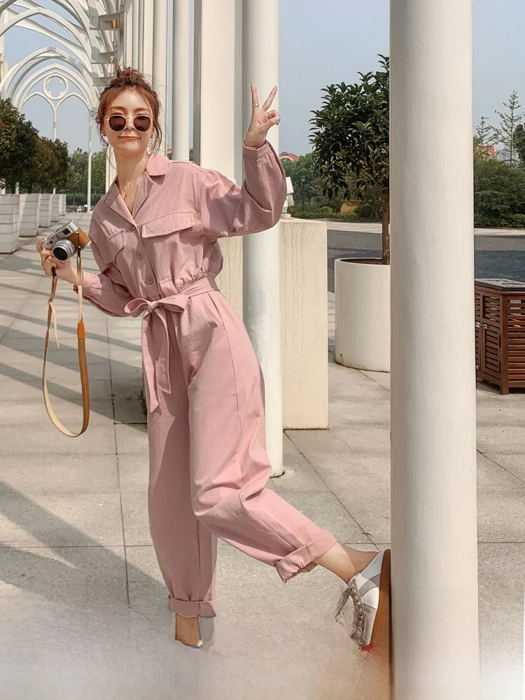 

Elegant Pink One-Piece Suit for Women Spring Autumn High Waist Slimming Design Korean Style Commute Long Pants Casual Pants