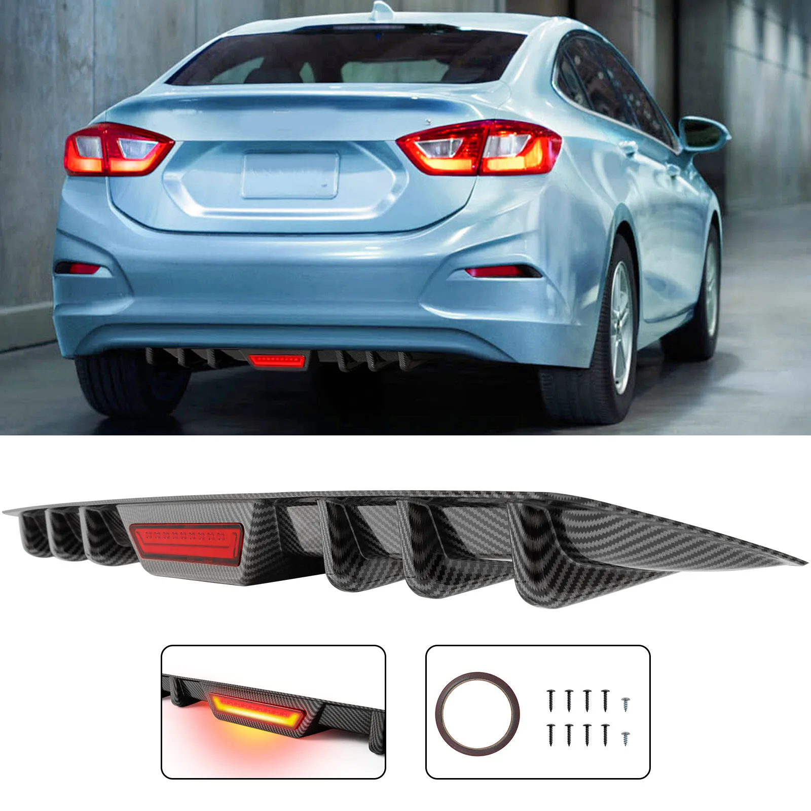

For Chevy Cruze 2010-2019 Carbon Rear Bumper Diffuser Splitter Trim w/ Led Light