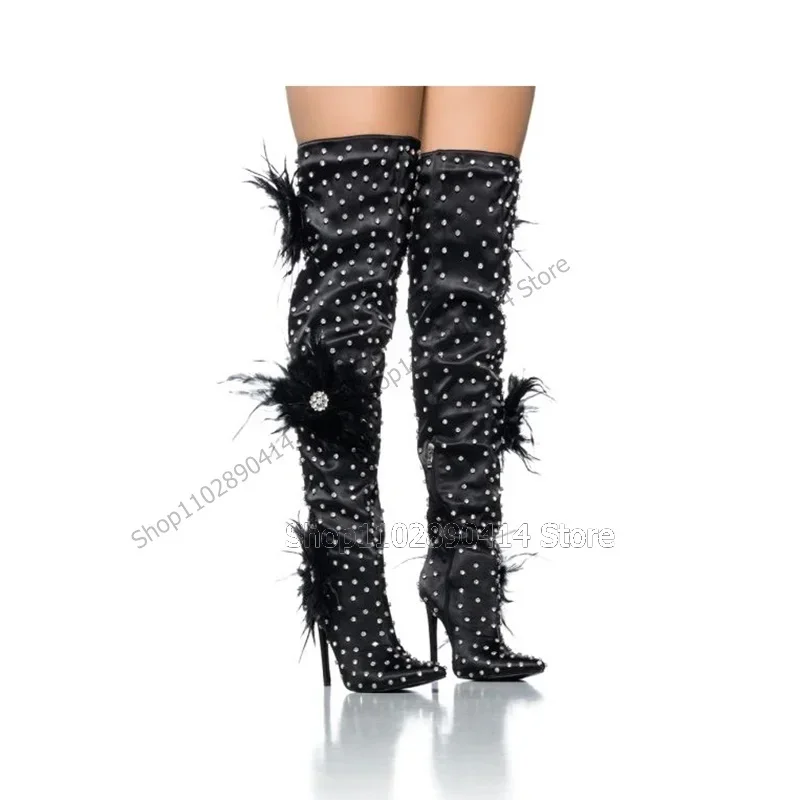 

Floral Feather Crystal Decor Black Pointy Toe Boots Side Zipper Women Shoes Thin High Heels New Fashion 2023 Zapatos Para Mujere