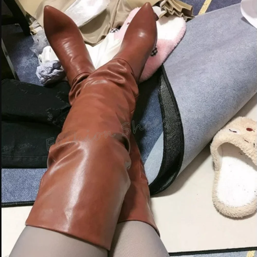 รองเท้าบูทหนังสีน้ำตาลปลายแหลม สไตล์แปลกตา ส้นสูง รองเท้าส้นสูงแฟชั่นสำหรับผู้หญิง รองเท้าส้นสูงปี 2025 ใหม่ Zapatos Para Mujere