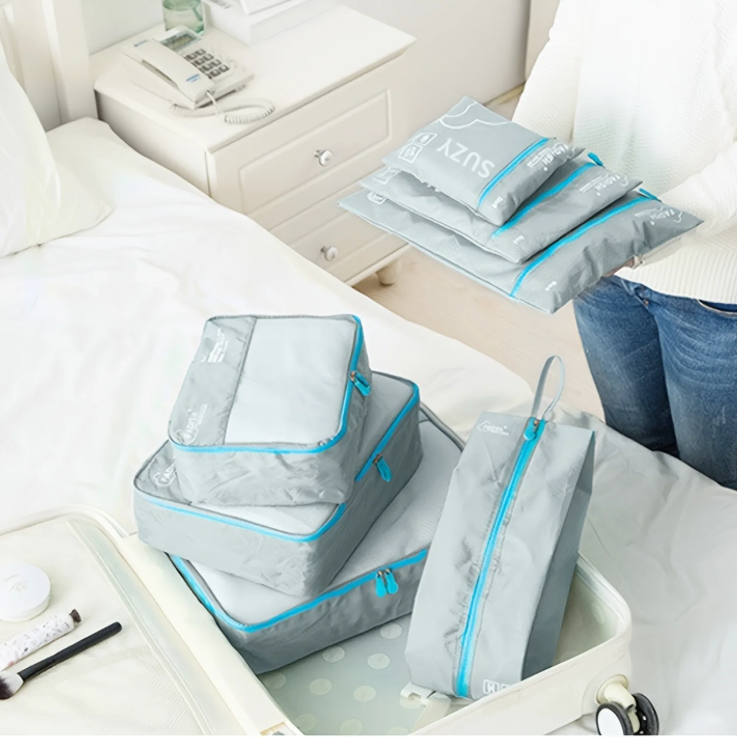 7pcs/set Travel  Bag, Portable Luggage Suitcase Organizer, Underwear Shoes Lingerie Packing Cube