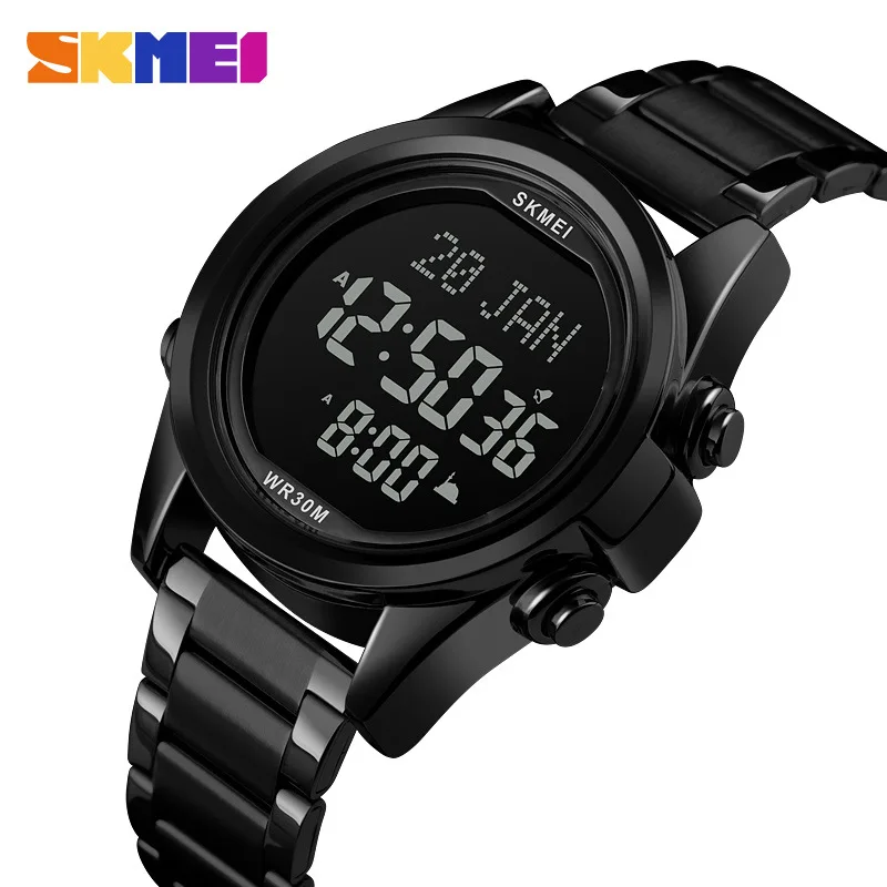 Skmei الشرق الأوسط ساعة العبادة للرجال متعددة الوظائف تذكير اتجاه الصلاة البوصلة حزام ناقل من الفولاذ ساعة إلكترونية للرجال