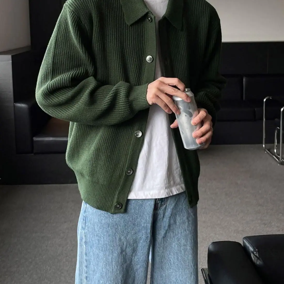 Мужской темно-зеленый кардиган с лацканами, свободный крой, универсальный красивый вязаный свитер в корейском стиле, осенне-зимние топы