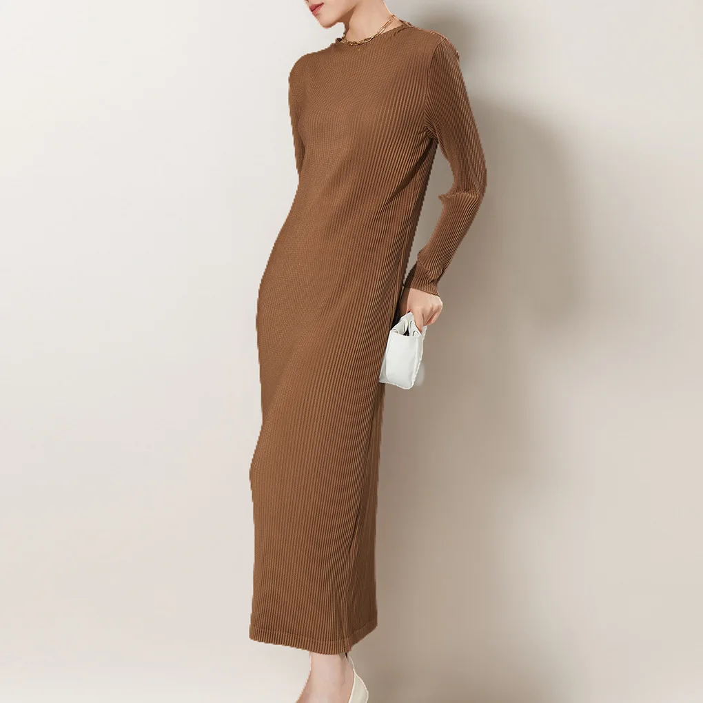 

Long Sleeved Dress For Women 45-75kg 2023 Winter New Round Neck Color High Stretch Slimming Miyake Pleated Dresses Ankle Length