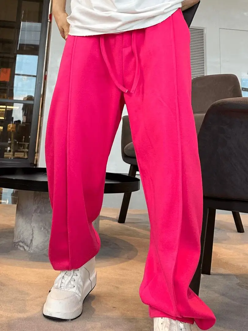 

Pink Pure Color Pleated Casual Pants Elastic Waist Dstring Loose Fit Versatile Autumn 2024 Faionable Breathable Cotton P...