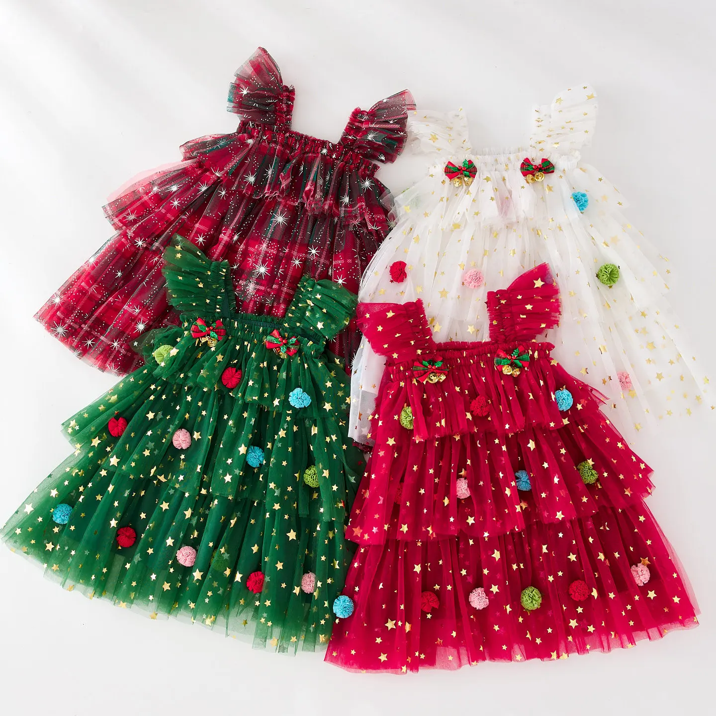 

Baby Girl Christmas Tutu Green Dress Flying Sleeve 1-6Y Children Kawai Clothes Princess Dress Kids Carnival Christmas Dress Girl