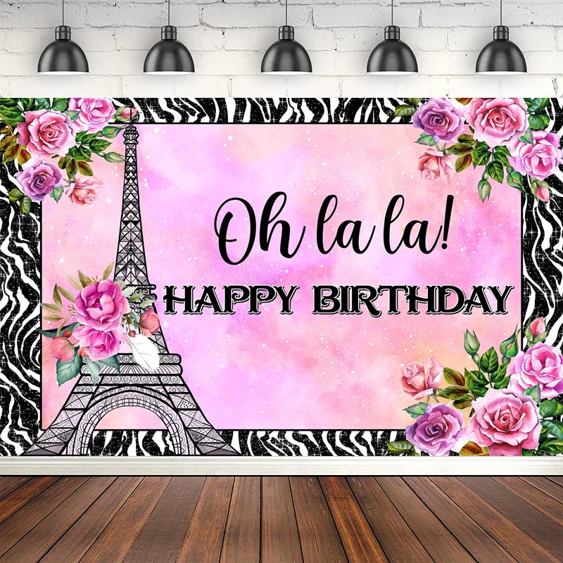 

Eiffel Tower Happy Birthday Photography Backdrop Pink Purple Roses Zebra Striped Border Banner Poster Decoration Background